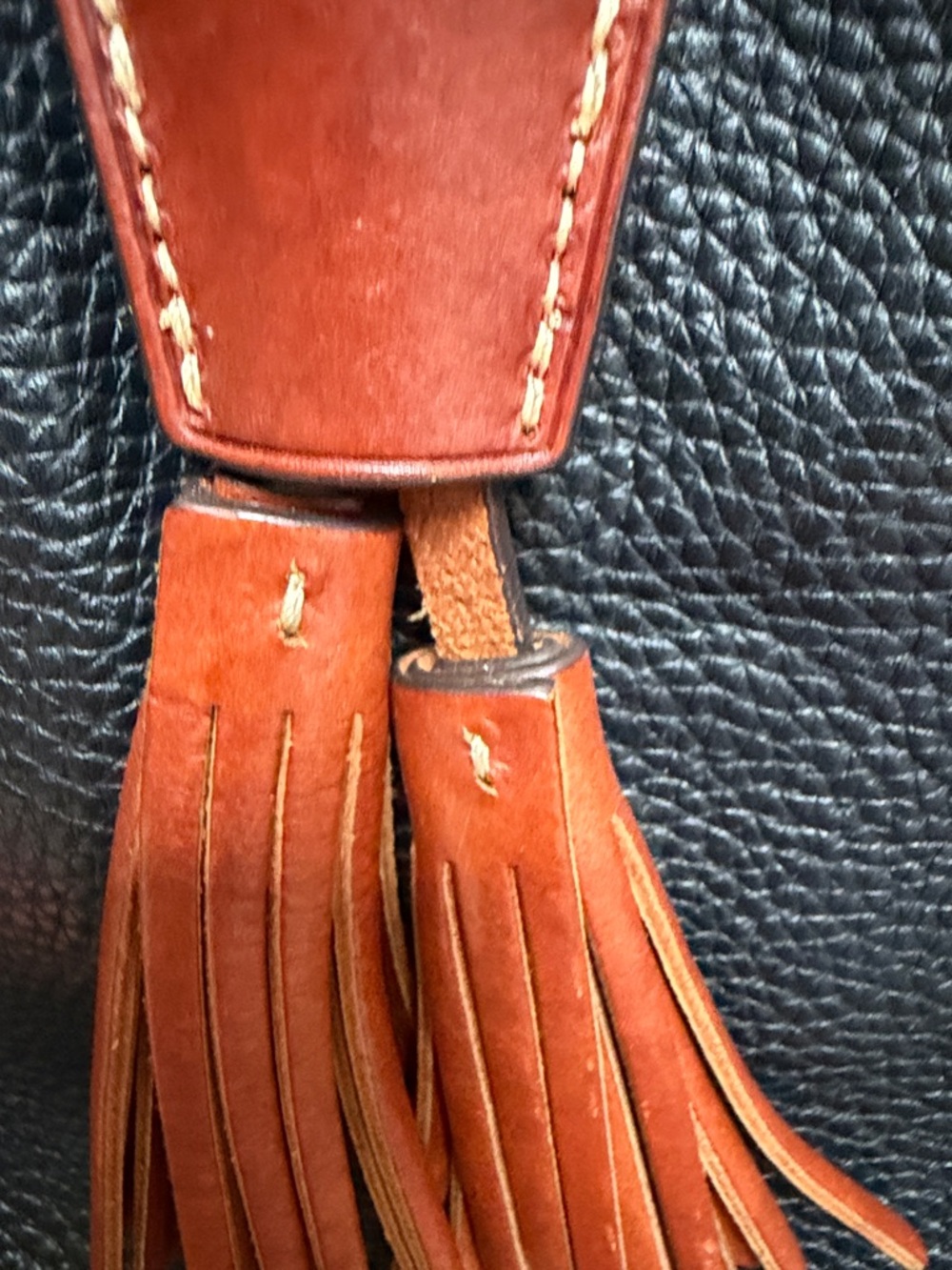 Dooney & Bourke Black Pebbled Leather Tote with Brown leather Trim and Tassel - Picture 3 of 16
